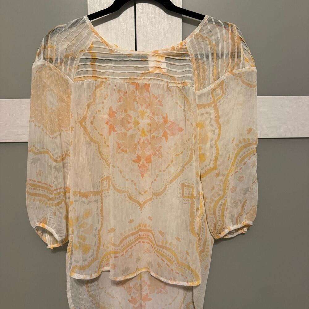 Lauren Conrad LC Womens Small Sheer Peasant Blouse Boho Floral Medallion